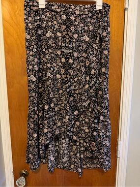 DownEast Black Floral High-Low Wrap Skirt with Pink Blooms